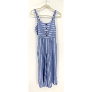 C&C California Womens 6 Linen Jumpsuit Blue White Striped Crop Wide Leg Coastal